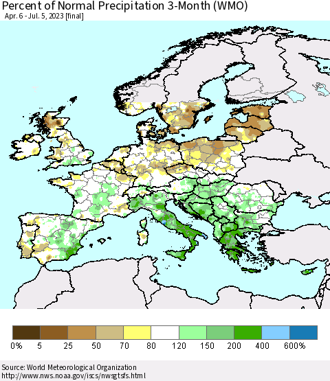 Europe Percent of Normal Precipitation 3-Month (WMO) Thematic Map For 4/6/2023 - 7/5/2023