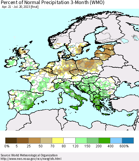 Europe Percent of Normal Precipitation 3-Month (WMO) Thematic Map For 4/21/2023 - 7/20/2023