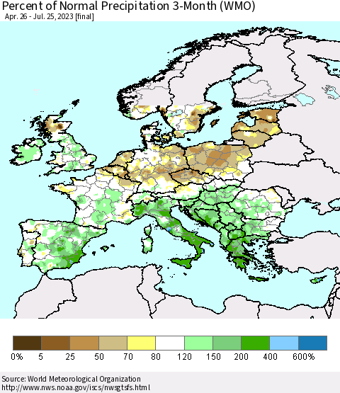 Europe Percent of Normal Precipitation 3-Month (WMO) Thematic Map For 4/26/2023 - 7/25/2023
