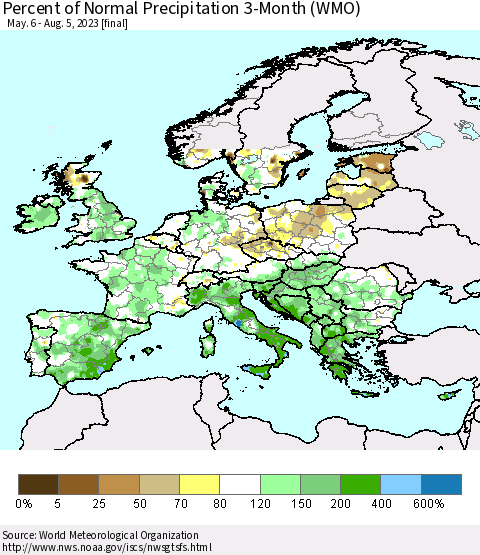 Europe Percent of Normal Precipitation 3-Month (WMO) Thematic Map For 5/6/2023 - 8/5/2023