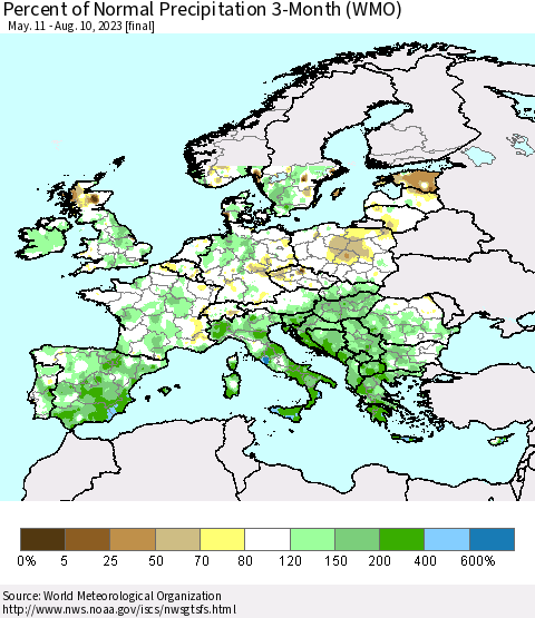 Europe Percent of Normal Precipitation 3-Month (WMO) Thematic Map For 5/11/2023 - 8/10/2023