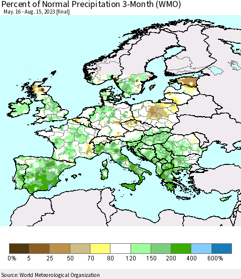 Europe Percent of Normal Precipitation 3-Month (WMO) Thematic Map For 5/16/2023 - 8/15/2023