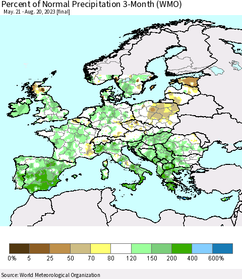 Europe Percent of Normal Precipitation 3-Month (WMO) Thematic Map For 5/21/2023 - 8/20/2023