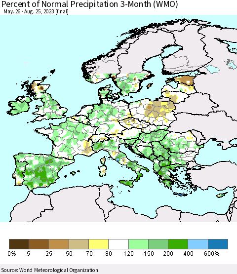 Europe Percent of Normal Precipitation 3-Month (WMO) Thematic Map For 5/26/2023 - 8/25/2023