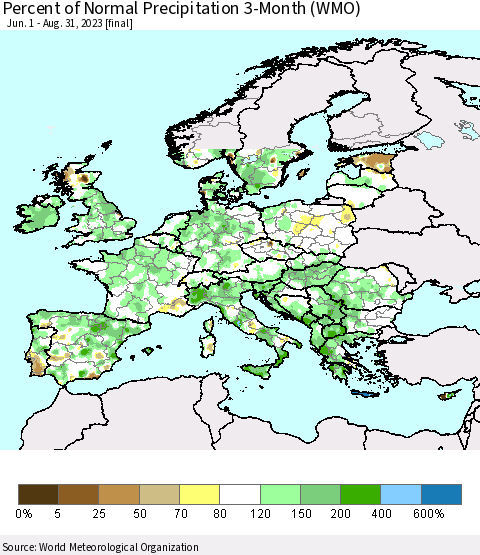 Europe Percent of Normal Precipitation 3-Month (WMO) Thematic Map For 6/1/2023 - 8/31/2023
