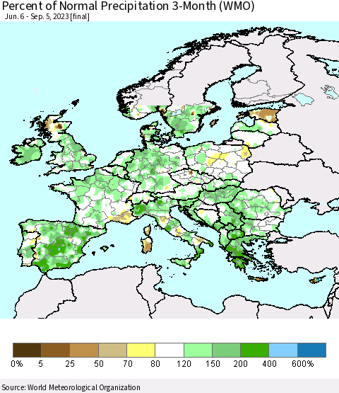 Europe Percent of Normal Precipitation 3-Month (WMO) Thematic Map For 6/6/2023 - 9/5/2023