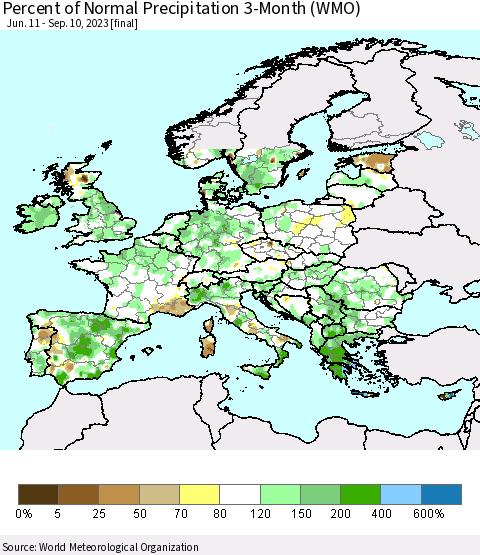 Europe Percent of Normal Precipitation 3-Month (WMO) Thematic Map For 6/11/2023 - 9/10/2023