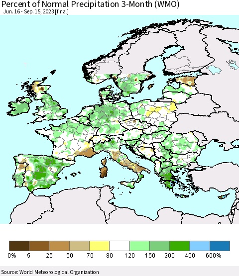 Europe Percent of Normal Precipitation 3-Month (WMO) Thematic Map For 6/16/2023 - 9/15/2023
