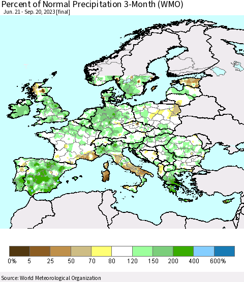 Europe Percent of Normal Precipitation 3-Month (WMO) Thematic Map For 6/21/2023 - 9/20/2023