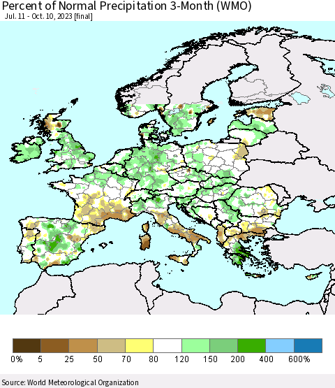 Europe Percent of Normal Precipitation 3-Month (WMO) Thematic Map For 7/11/2023 - 10/10/2023