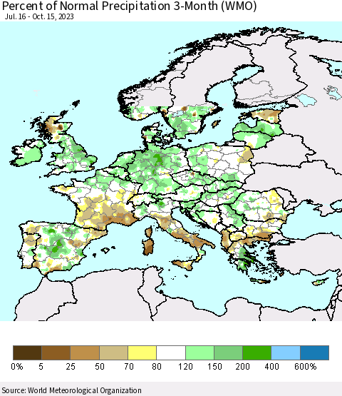 Europe Percent of Normal Precipitation 3-Month (WMO) Thematic Map For 7/16/2023 - 10/15/2023