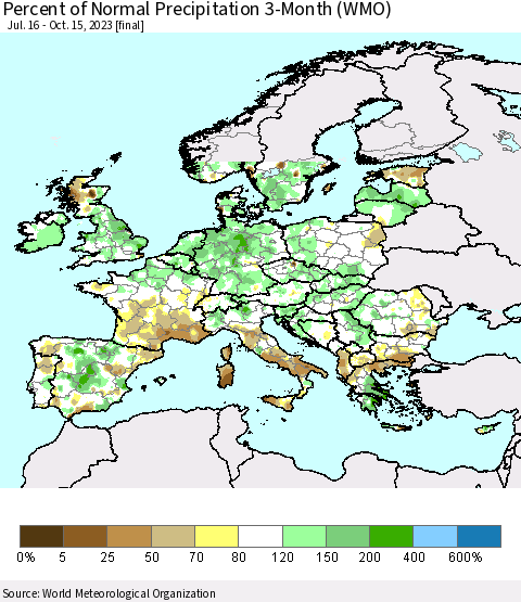 Europe Percent of Normal Precipitation 3-Month (WMO) Thematic Map For 7/16/2023 - 10/15/2023