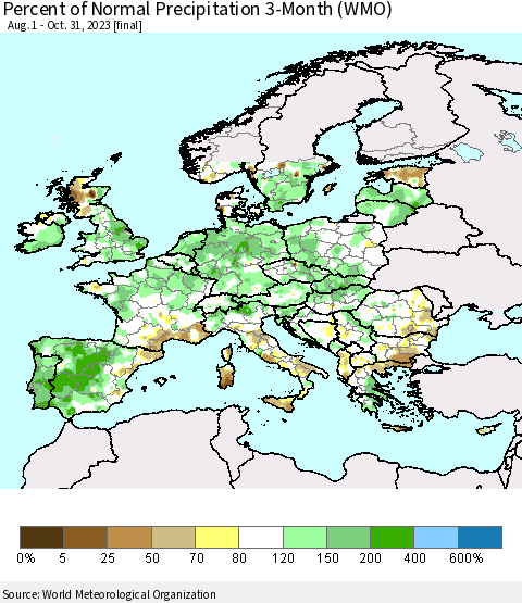 Europe Percent of Normal Precipitation 3-Month (WMO) Thematic Map For 8/1/2023 - 10/31/2023