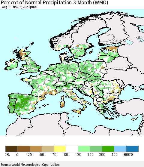 Europe Percent of Normal Precipitation 3-Month (WMO) Thematic Map For 8/6/2023 - 11/5/2023
