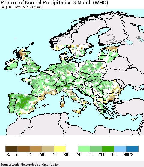 Europe Percent of Normal Precipitation 3-Month (WMO) Thematic Map For 8/16/2023 - 11/15/2023