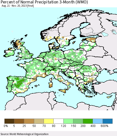 Europe Percent of Normal Precipitation 3-Month (WMO) Thematic Map For 8/21/2023 - 11/20/2023