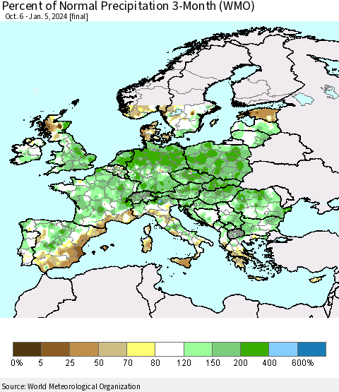 Europe Percent of Normal Precipitation 3-Month (WMO) Thematic Map For 10/6/2023 - 1/5/2024