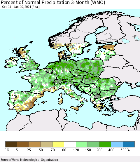 Europe Percent of Normal Precipitation 3-Month (WMO) Thematic Map For 10/11/2023 - 1/10/2024