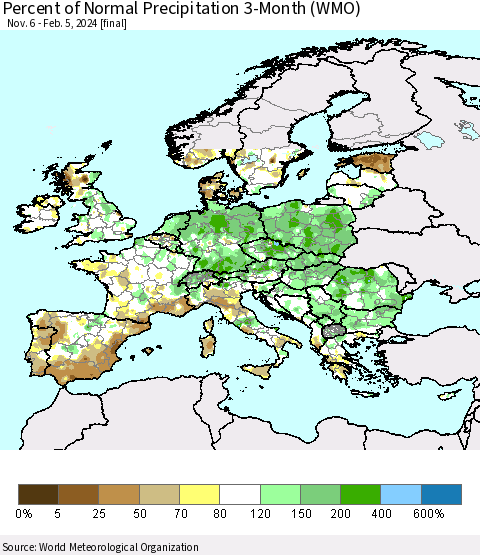 Europe Percent of Normal Precipitation 3-Month (WMO) Thematic Map For 11/6/2023 - 2/5/2024