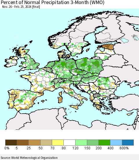 Europe Percent of Normal Precipitation 3-Month (WMO) Thematic Map For 11/26/2023 - 2/25/2024