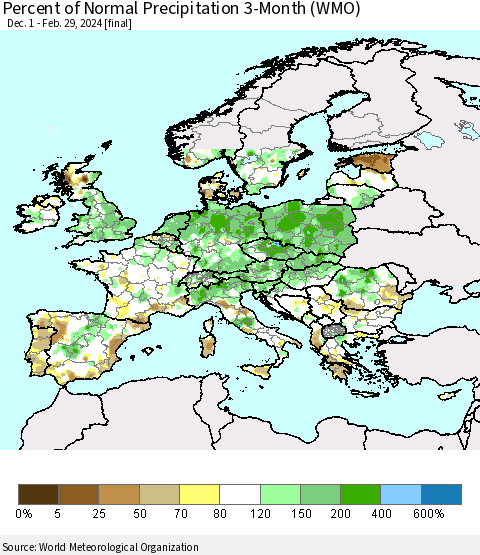 Europe Percent of Normal Precipitation 3-Month (WMO) Thematic Map For 12/1/2023 - 2/29/2024