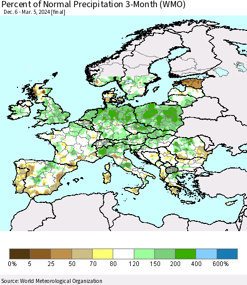Europe Percent of Normal Precipitation 3-Month (WMO) Thematic Map For 12/6/2023 - 3/5/2024