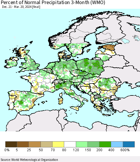 Europe Percent of Normal Precipitation 3-Month (WMO) Thematic Map For 12/21/2023 - 3/20/2024