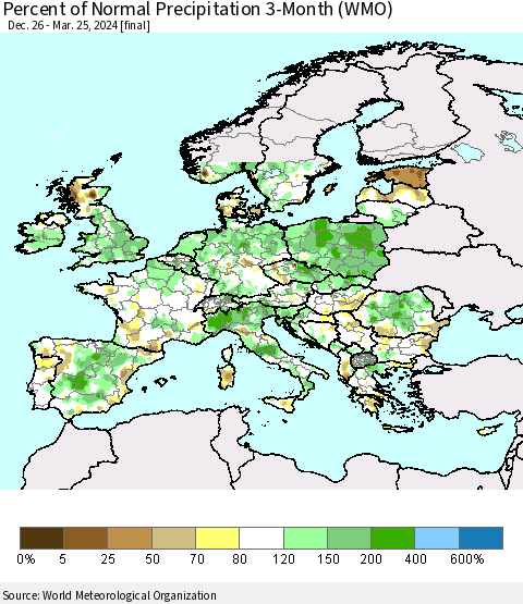 Europe Percent of Normal Precipitation 3-Month (WMO) Thematic Map For 12/26/2023 - 3/25/2024