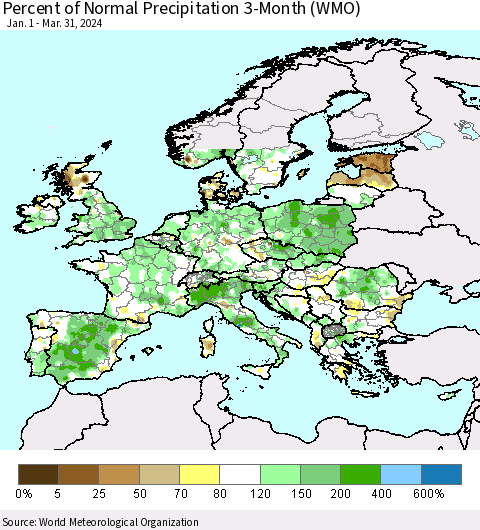 Europe Percent of Normal Precipitation 3-Month (WMO) Thematic Map For 1/1/2024 - 3/31/2024
