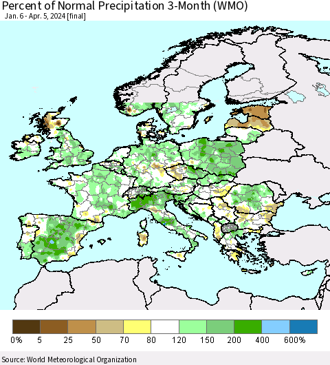 Europe Percent of Normal Precipitation 3-Month (WMO) Thematic Map For 1/6/2024 - 4/5/2024
