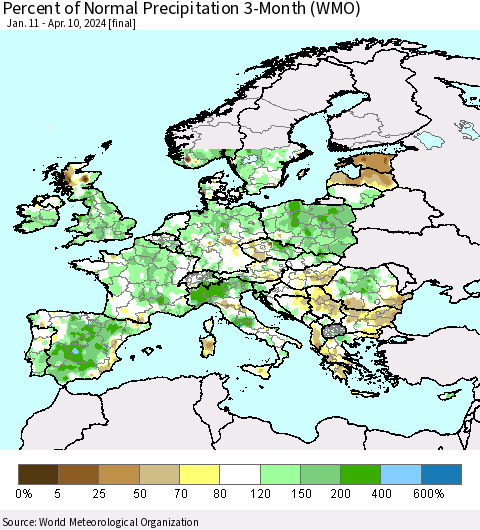 Europe Percent of Normal Precipitation 3-Month (WMO) Thematic Map For 1/11/2024 - 4/10/2024