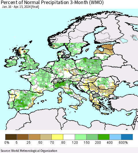 Europe Percent of Normal Precipitation 3-Month (WMO) Thematic Map For 1/16/2024 - 4/15/2024