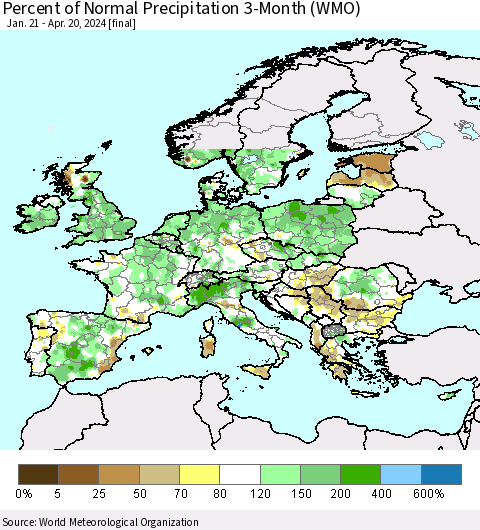 Europe Percent of Normal Precipitation 3-Month (WMO) Thematic Map For 1/21/2024 - 4/20/2024