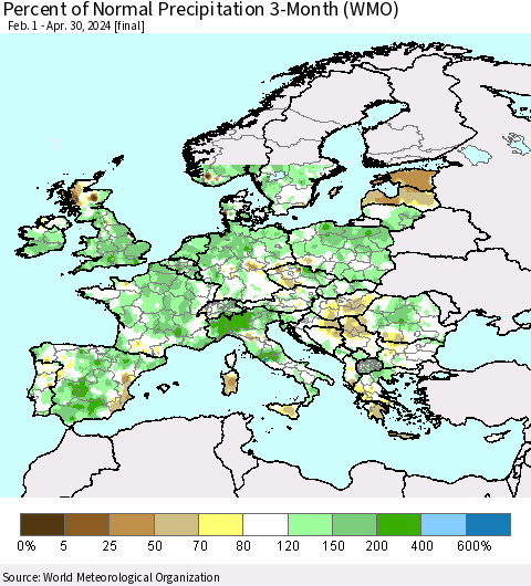 Europe Percent of Normal Precipitation 3-Month (WMO) Thematic Map For 2/1/2024 - 4/30/2024