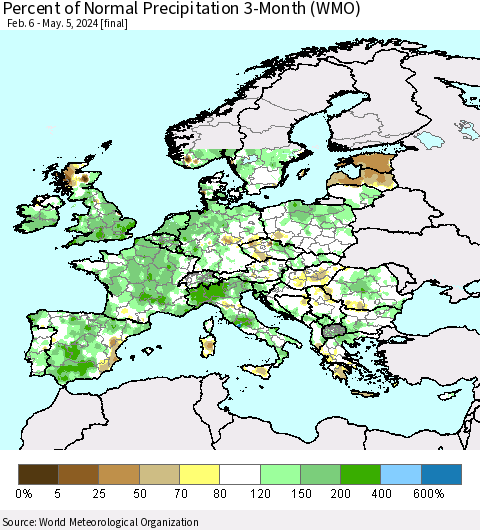 Europe Percent of Normal Precipitation 3-Month (WMO) Thematic Map For 2/6/2024 - 5/5/2024