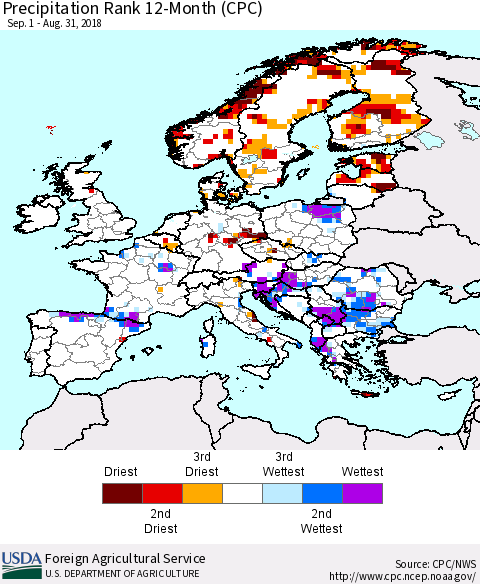 Europe Precipitation Rank since 1981, 12-Month (CPC) Thematic Map For 9/1/2017 - 8/31/2018