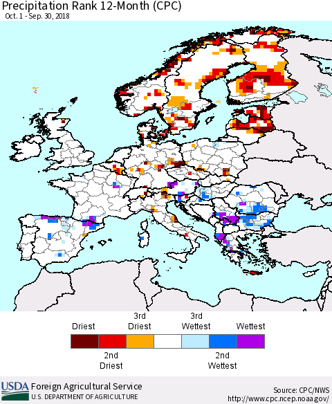 Europe Precipitation Rank since 1981, 12-Month (CPC) Thematic Map For 10/1/2017 - 9/30/2018