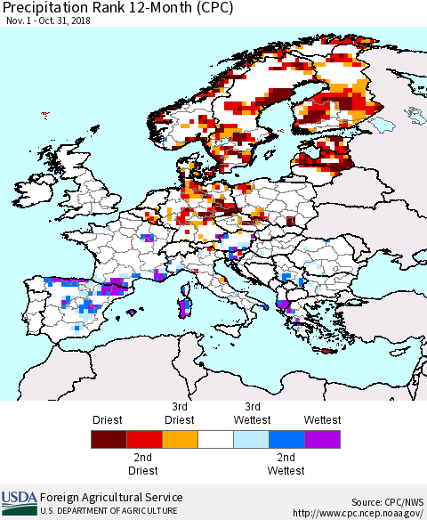 Europe Precipitation Rank since 1981, 12-Month (CPC) Thematic Map For 11/1/2017 - 10/31/2018