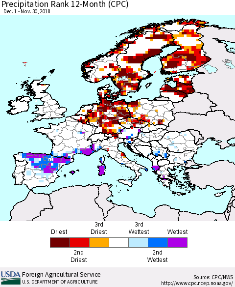 Europe Precipitation Rank since 1981, 12-Month (CPC) Thematic Map For 12/1/2017 - 11/30/2018
