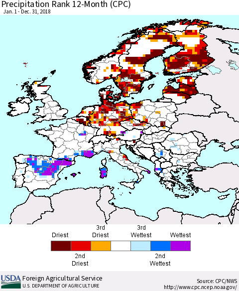 Europe Precipitation Rank since 1981, 12-Month (CPC) Thematic Map For 1/1/2018 - 12/31/2018