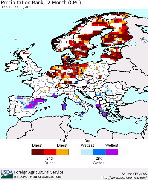 Europe Precipitation Rank since 1981, 12-Month (CPC) Thematic Map For 2/1/2018 - 1/31/2019