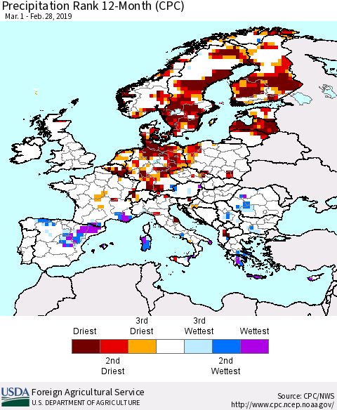 Europe Precipitation Rank since 1981, 12-Month (CPC) Thematic Map For 3/1/2018 - 2/28/2019