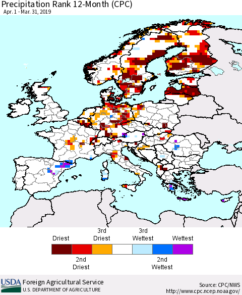 Europe Precipitation Rank since 1981, 12-Month (CPC) Thematic Map For 4/1/2018 - 3/31/2019