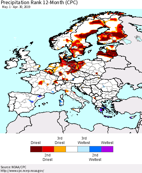 Europe Precipitation Rank since 1981, 12-Month (CPC) Thematic Map For 5/1/2018 - 4/30/2019