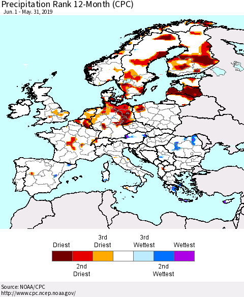 Europe Precipitation Rank since 1981, 12-Month (CPC) Thematic Map For 6/1/2018 - 5/31/2019