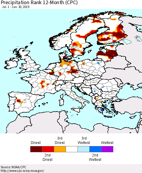 Europe Precipitation Rank since 1981, 12-Month (CPC) Thematic Map For 7/1/2018 - 6/30/2019