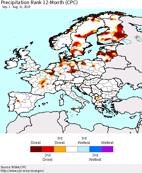 Europe Precipitation Rank since 1981, 12-Month (CPC) Thematic Map For 9/1/2018 - 8/31/2019