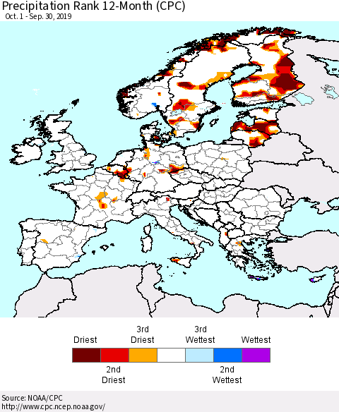 Europe Precipitation Rank since 1981, 12-Month (CPC) Thematic Map For 10/1/2018 - 9/30/2019