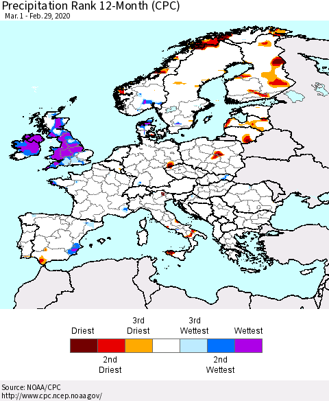 Europe Precipitation Rank since 1981, 12-Month (CPC) Thematic Map For 3/1/2019 - 2/29/2020
