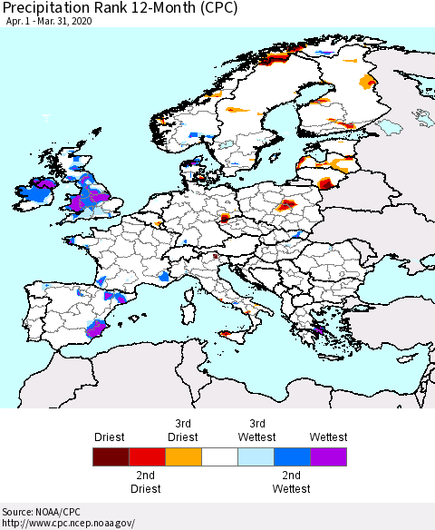 Europe Precipitation Rank since 1981, 12-Month (CPC) Thematic Map For 4/1/2019 - 3/31/2020